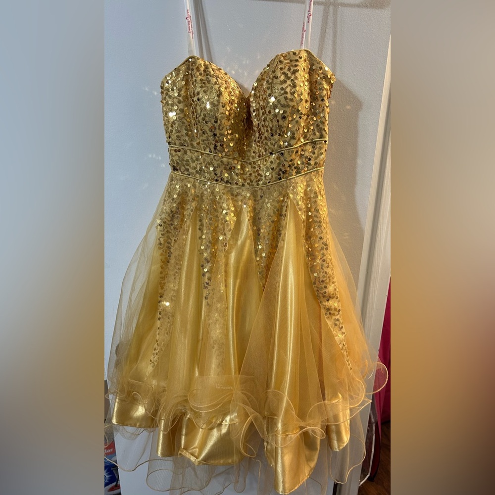 Strapless Knee Length Gold Dress